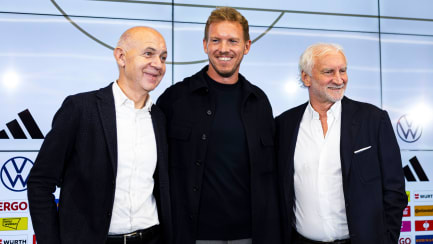 Seit rund einem Jahr gemeinsam am Ruder: Bernd Neuendorf, Julian Nagelsmann und Rudi Völler (v. li.).