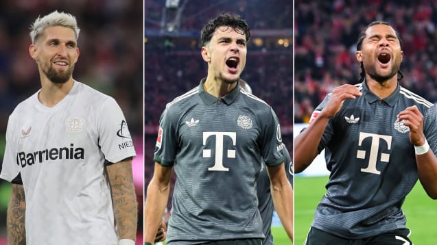 Protagonisten des Top-Spiels am Samstagabend: Leverkusens Robert Andrich sowie die Münchner Aleksandar Pavlovic und Serge Gnabry.