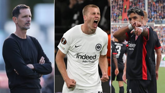 Drei Faktoren für den Erfolg der Eintracht: Dino Toppmöller, Rasmus Kristensen und Omar Marmoush (von links)
