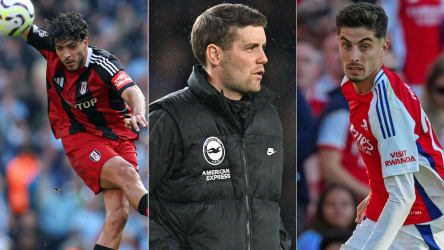 Figuren des 7. Spieltags der Premier League: Fulhams Raul Jimenez (li.), Brighton-Coach Fabian Hürzeler und Arsenals Kai Havertz.